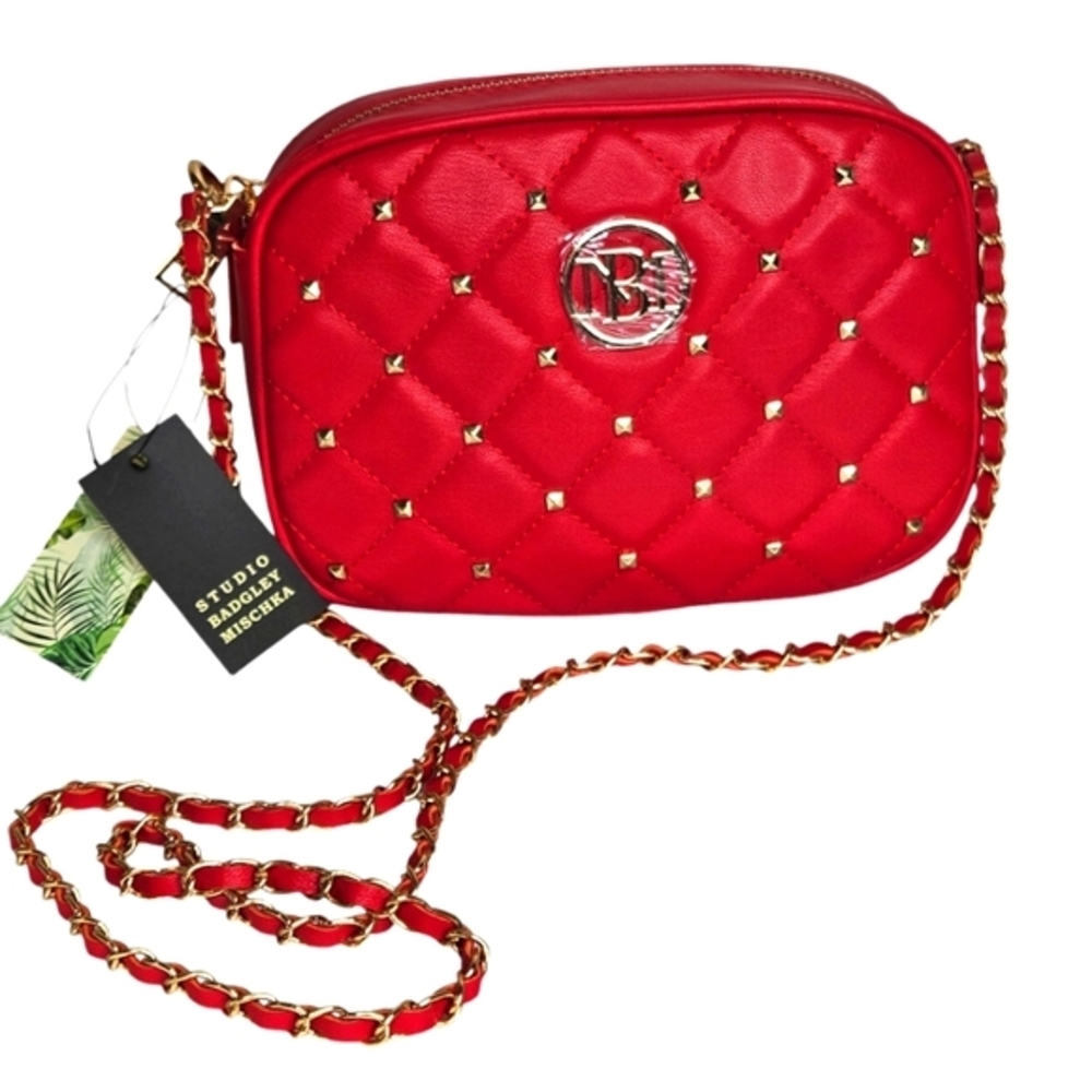 Badgley Mischka Studio Crossbody Quilted Camera Bag Red Gold Small